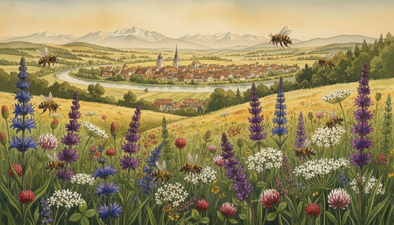Bienen und Wildbienen in Dillingen an der Donau (Bayern) — Aquarell-Illustration der lokalen Habitate