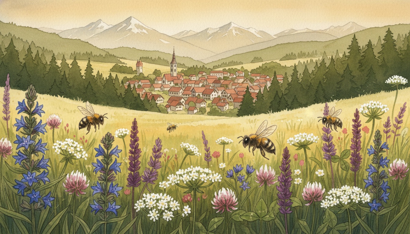 Bienen und Wildbienen in Dingolfing (Bayern) — Aquarell-Illustration der lokalen Habitate
