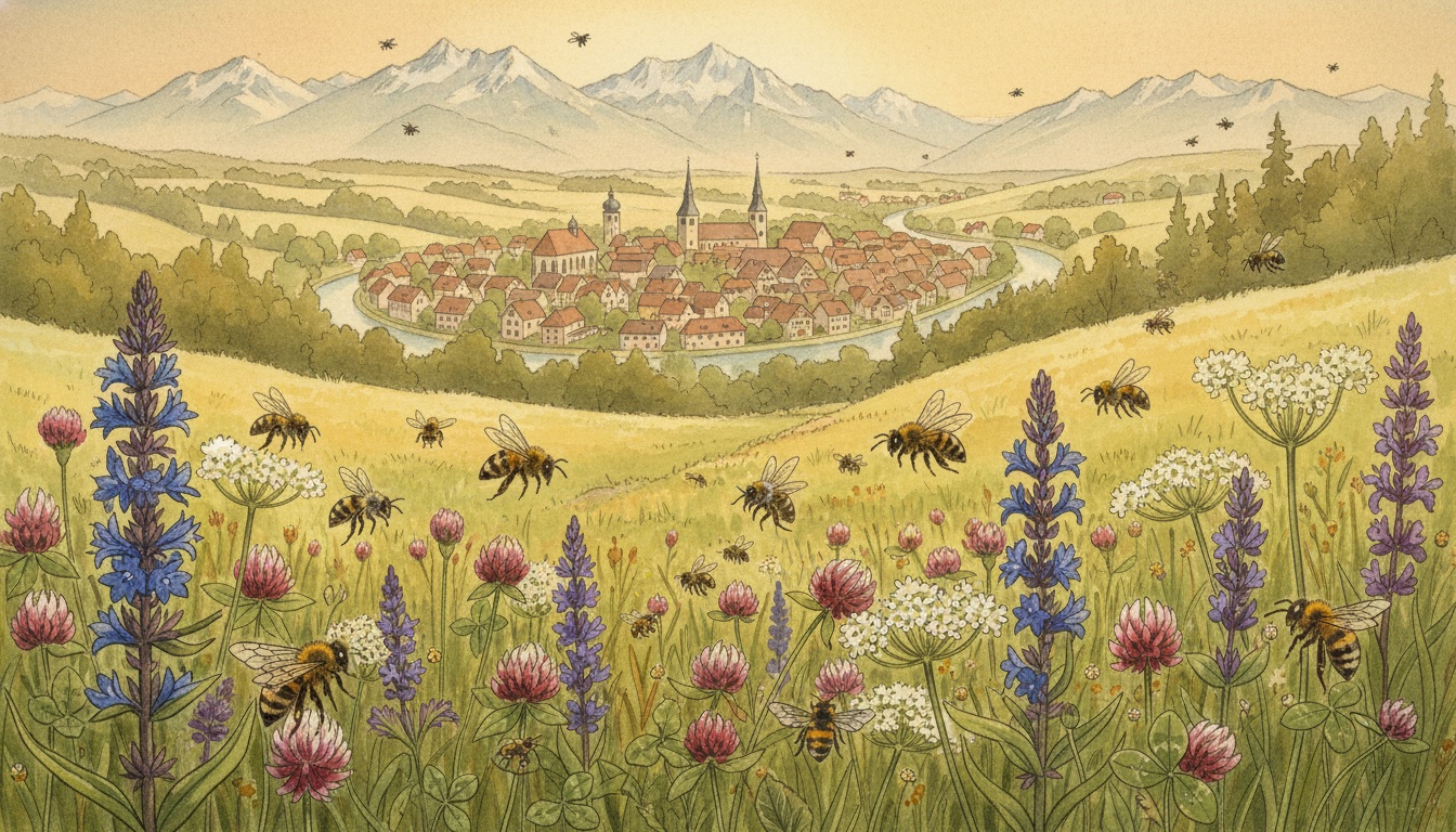 Bienen und Wildbienen in Donauwörth (Bayern) — Aquarell-Illustration der lokalen Habitate