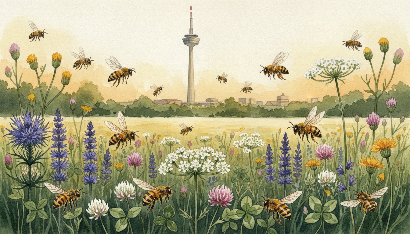 Bienen und Wildbienen in Dortmund (Nordrhein-Westfalen) — Aquarell-Illustration der lokalen Habitate