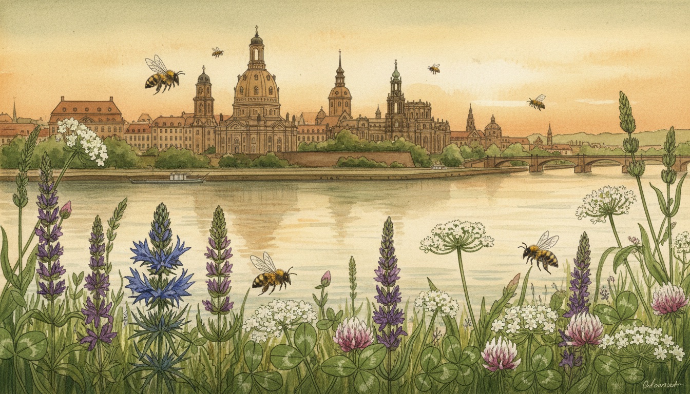 Bienen und Wildbienen in Dresden (Sachsen) — Aquarell-Illustration der lokalen Habitate