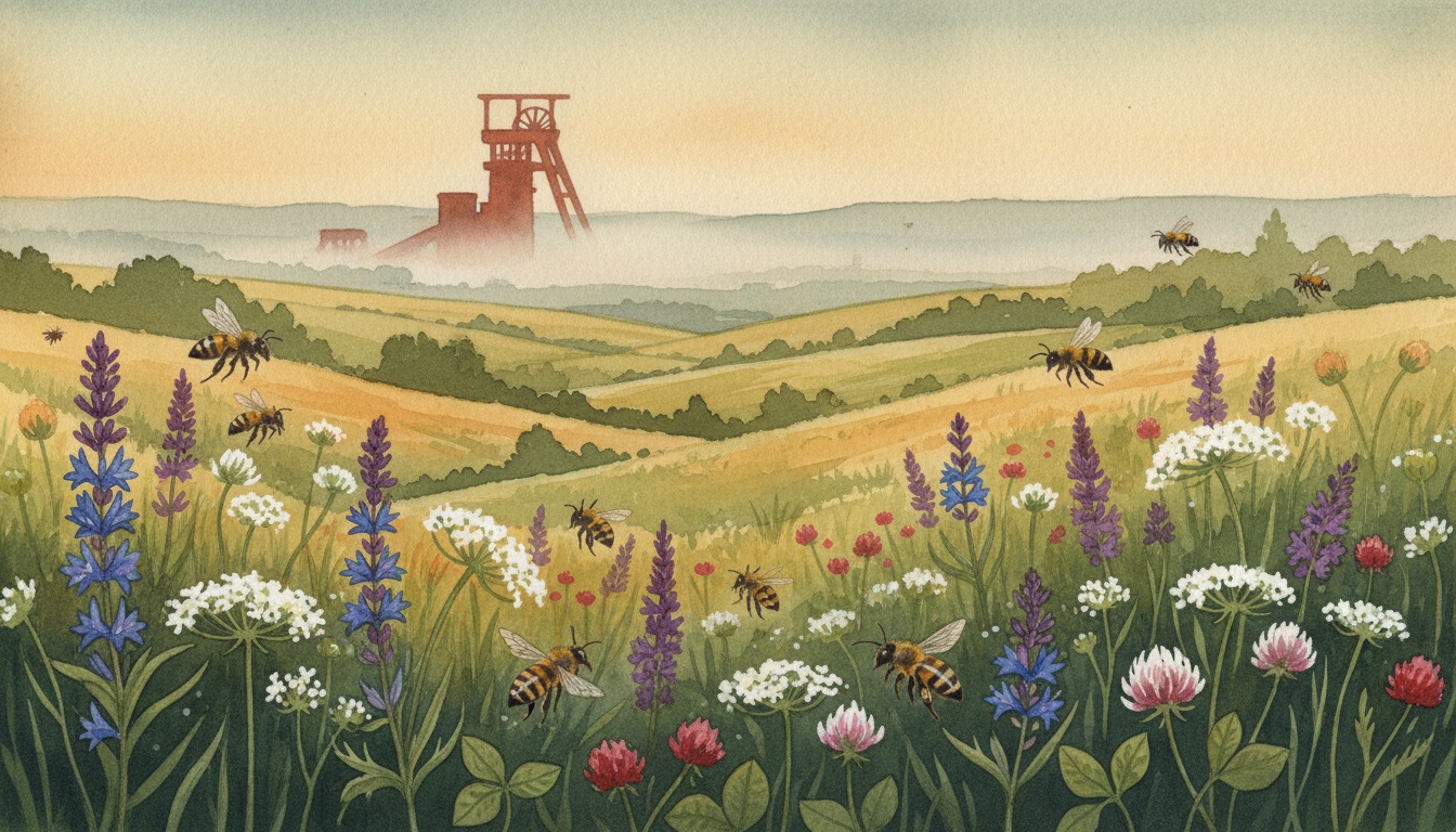 Bienen und Wildbienen in Düren (Nordrhein-Westfalen) — Aquarell-Illustration der lokalen Habitate