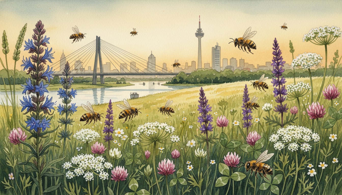 Bienen und Wildbienen in Düsseldorf (Nordrhein-Westfalen) — Aquarell-Illustration der lokalen Habitate