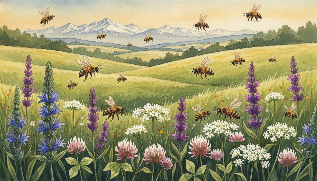 Bienen und Wildbienen in Ebersberg (Bayern) — Aquarell-Illustration der lokalen Habitate