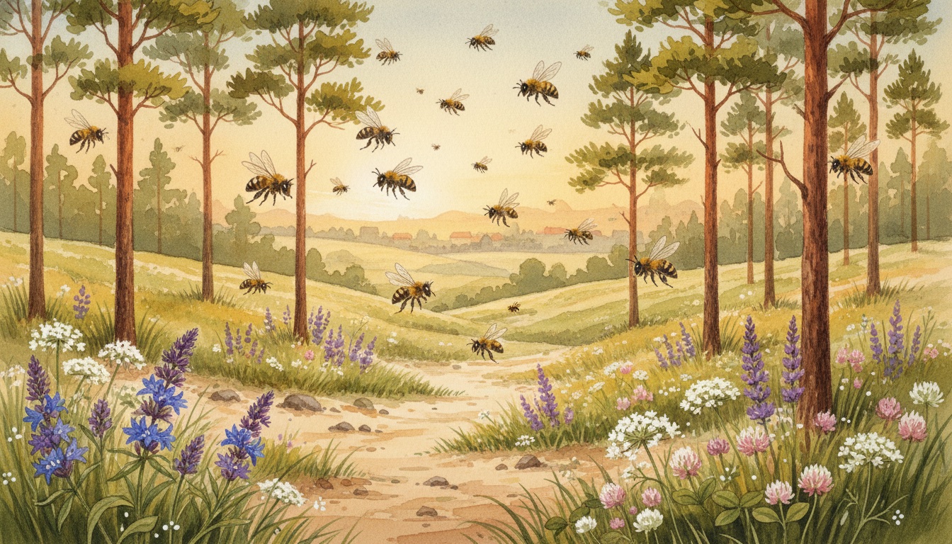 Bienen und Wildbienen in Eberswalde (Brandenburg) — Aquarell-Illustration der lokalen Habitate