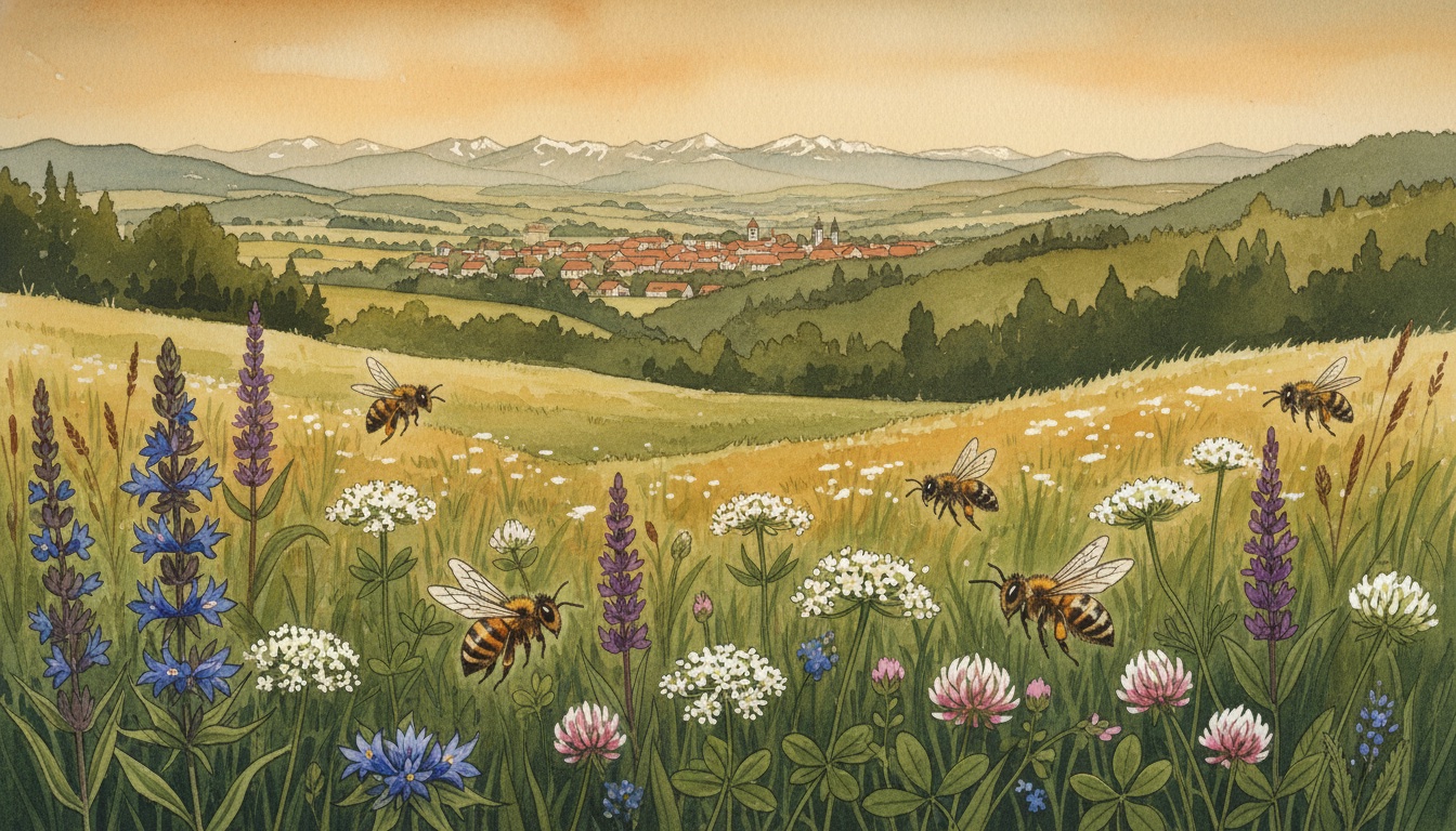 Bienen und Wildbienen in Eichstätt (Bayern) — Aquarell-Illustration der lokalen Habitate