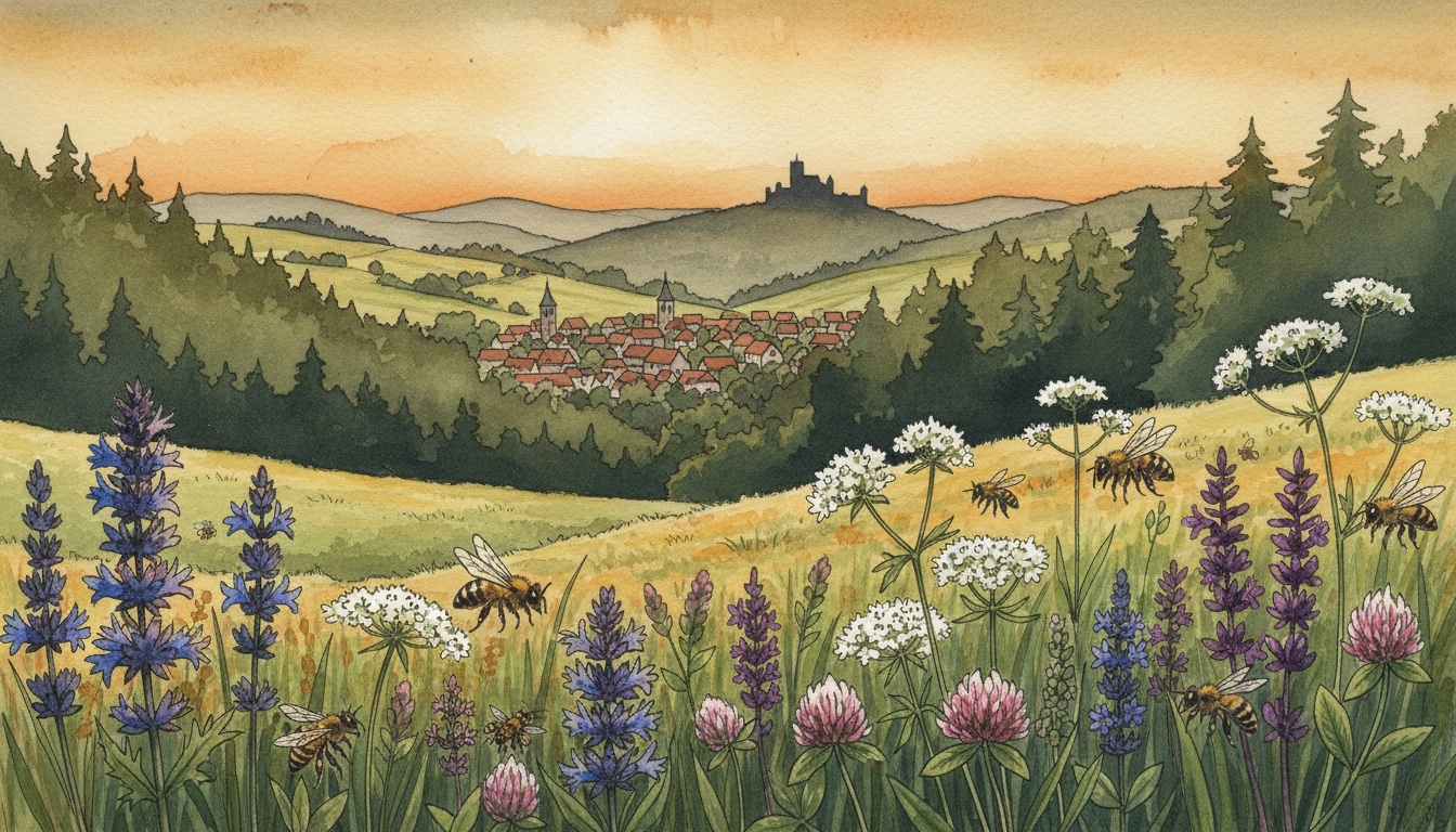 Bienen und Wildbienen in Eisenberg (Thüringen) — Aquarell-Illustration der lokalen Habitate