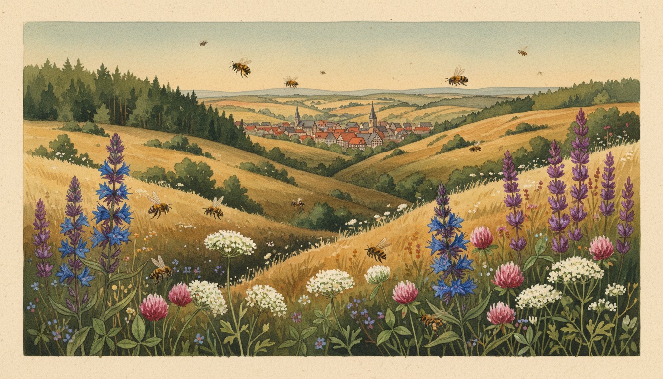 Bienen und Wildbienen in Lutherstadt Eisleben (Sachsen-Anhalt) — Aquarell-Illustration der lokalen Habitate