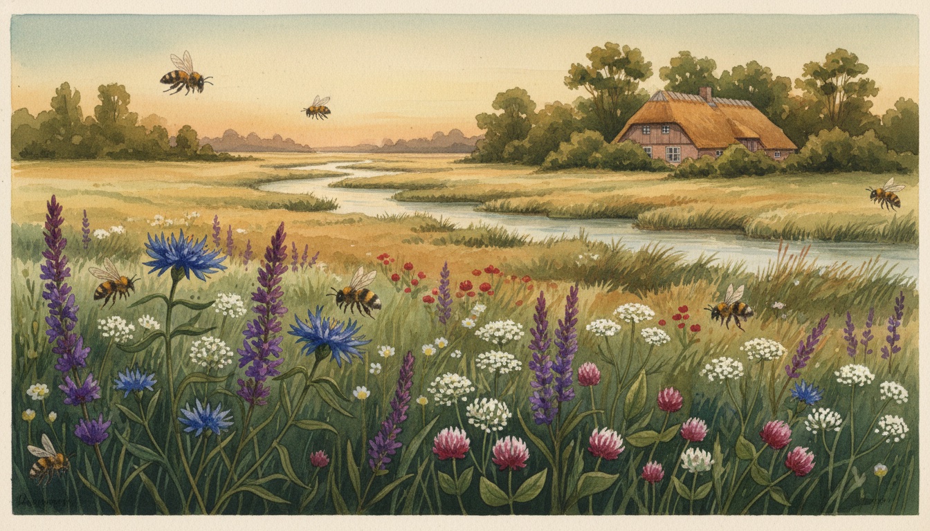 Bienen und Wildbienen in Elmshorn (Schleswig-Holstein) — Aquarell-Illustration der lokalen Habitate