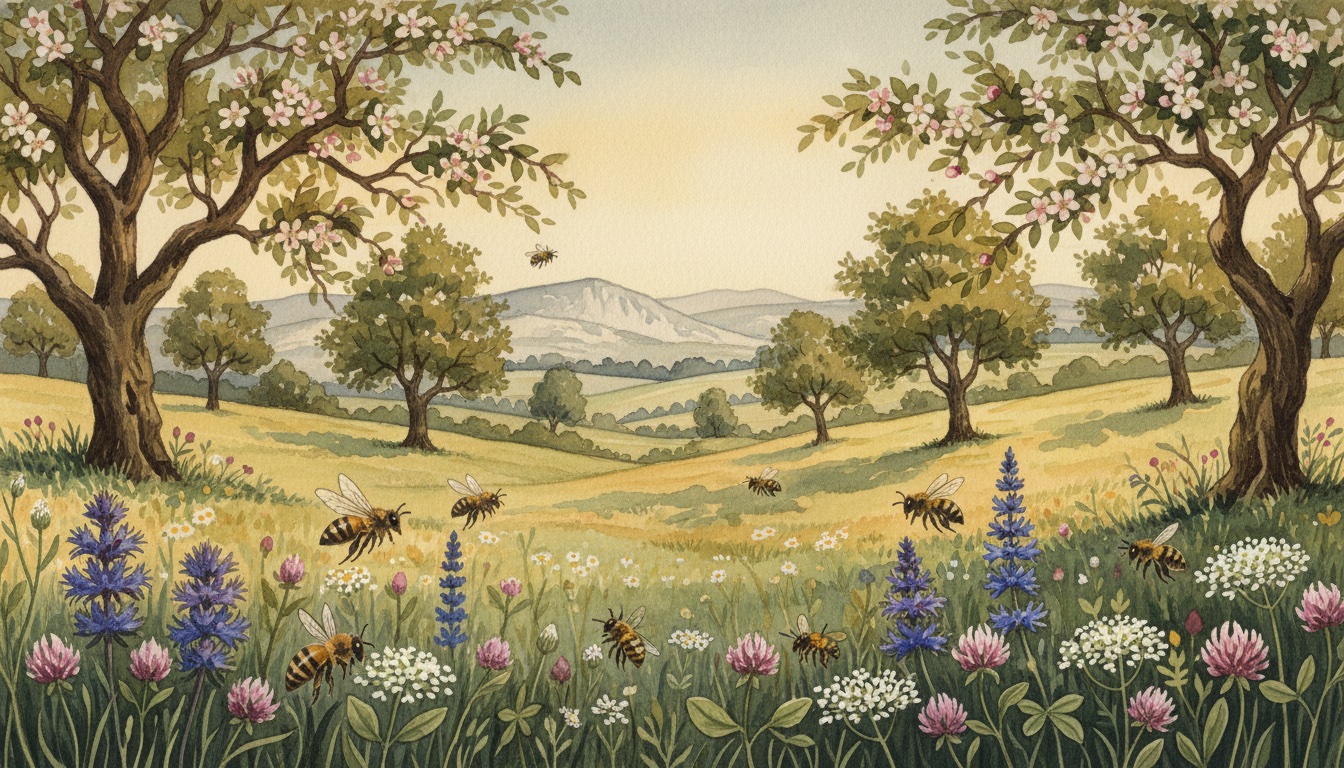 Bienen und Wildbienen in Emmendingen (Baden-Württemberg) — Aquarell-Illustration der lokalen Habitate
