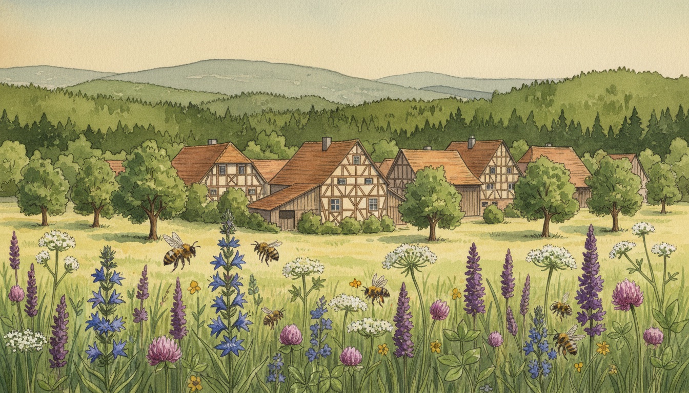 Bienen und Wildbienen in Erbach (Hessen) — Aquarell-Illustration der lokalen Habitate