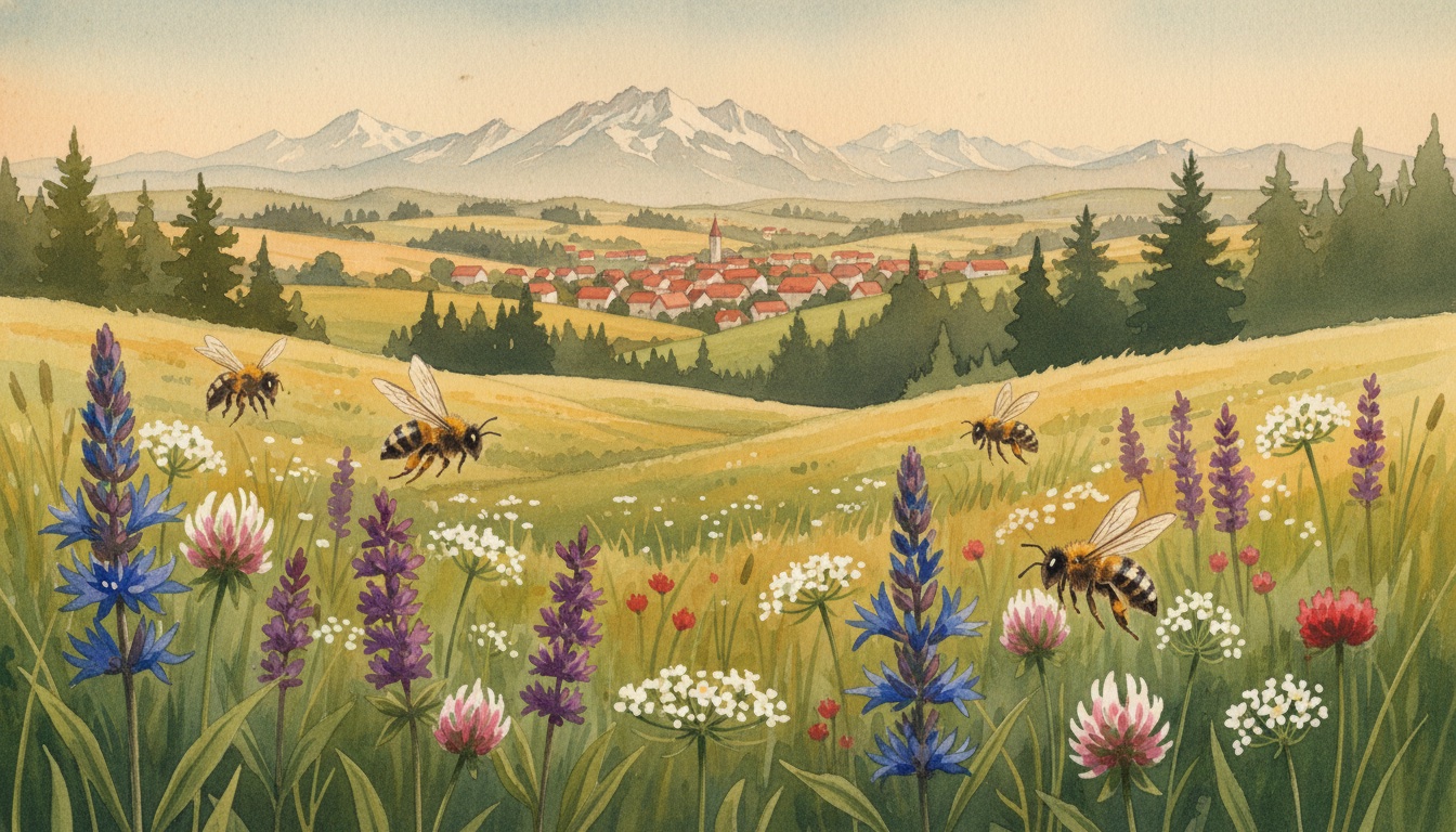 Bienen und Wildbienen in Erding (Bayern) — Aquarell-Illustration der lokalen Habitate