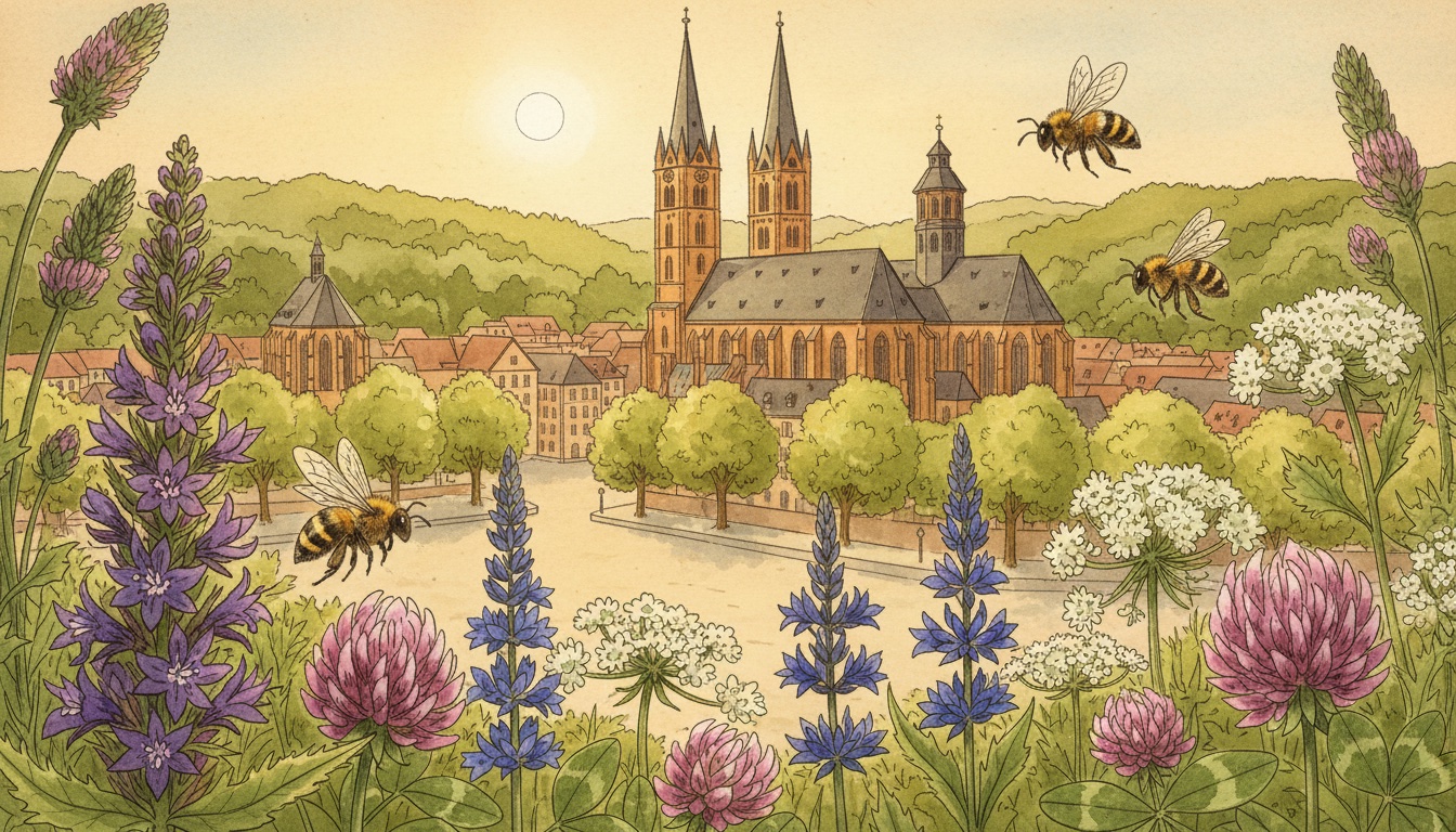 Bienen und Wildbienen in Erfurt (Thüringen) — Aquarell-Illustration der lokalen Habitate