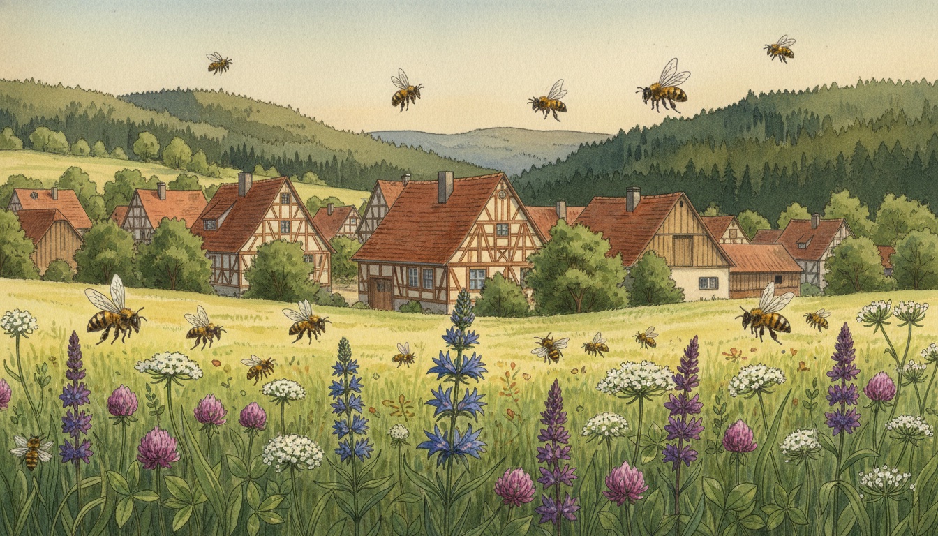 Bienen und Wildbienen in Eschwege (Hessen) — Aquarell-Illustration der lokalen Habitate