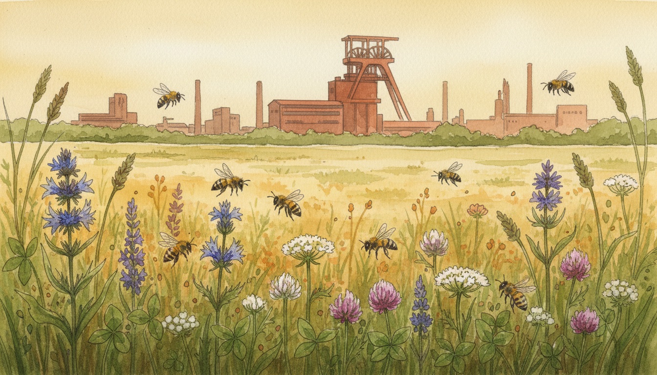 Bienen und Wildbienen in Essen (Nordrhein-Westfalen) — Aquarell-Illustration der lokalen Habitate