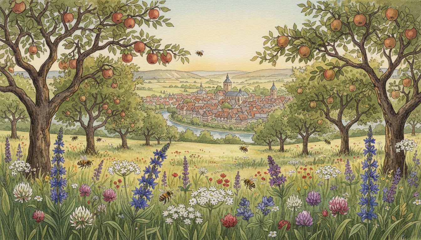 Bienen und Wildbienen in Esslingen am Neckar (Baden-Württemberg) — Aquarell-Illustration der lokalen Habitate