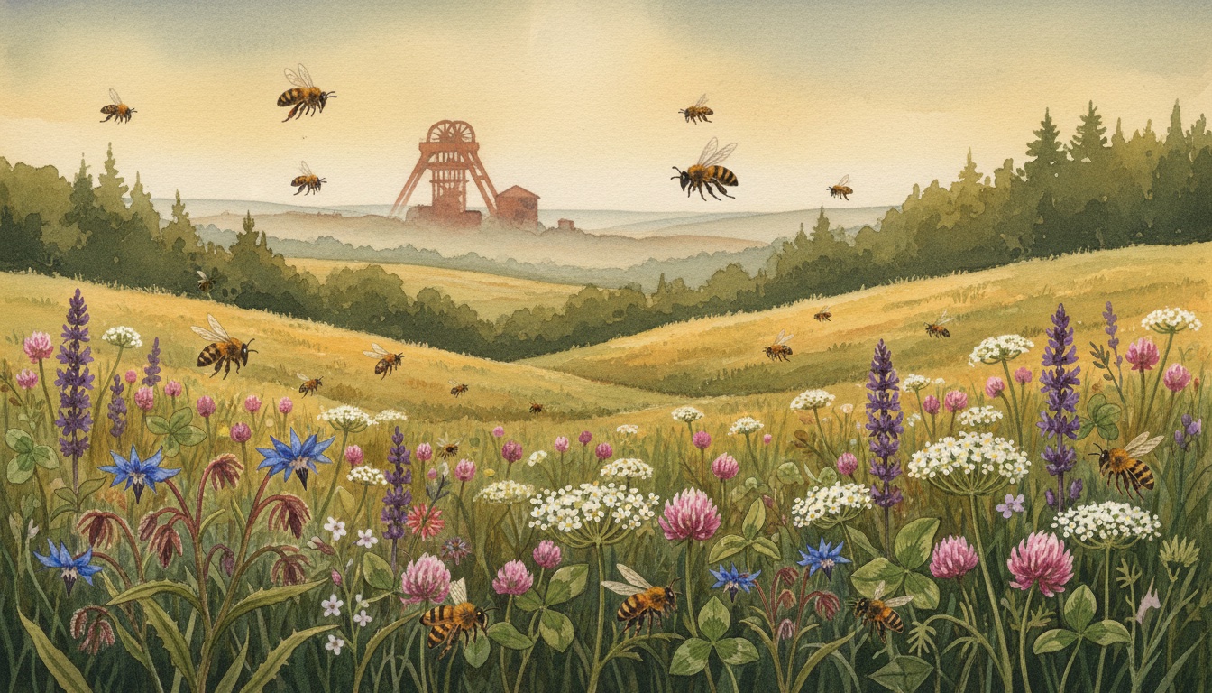 Bienen und Wildbienen in Euskirchen (Nordrhein-Westfalen) — Aquarell-Illustration der lokalen Habitate