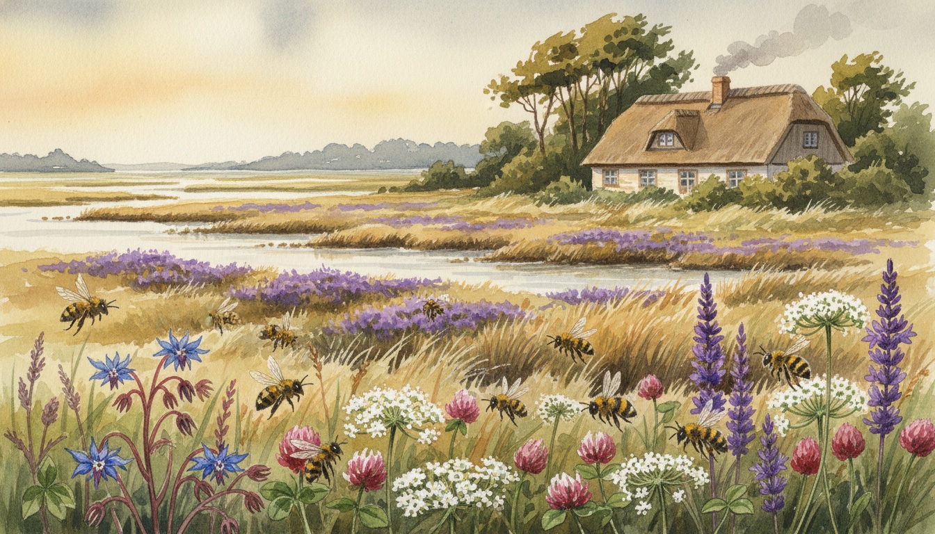 Bienen und Wildbienen in Eutin (Schleswig-Holstein) — Aquarell-Illustration der lokalen Habitate