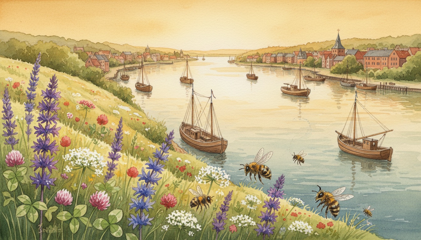 Bienen und Wildbienen in Flensburg (Schleswig-Holstein) — Aquarell-Illustration der lokalen Habitate