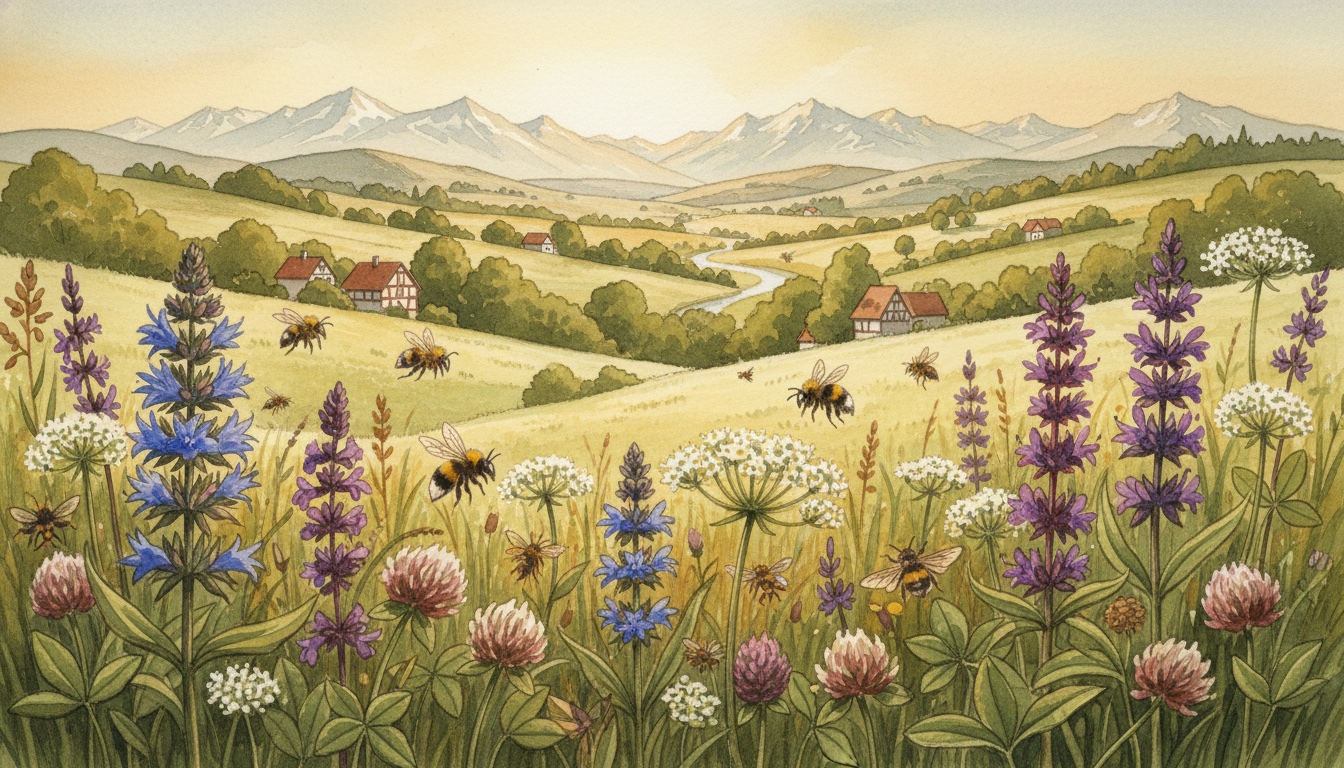 Bienen und Wildbienen in Forchheim (Bayern) — Aquarell-Illustration der lokalen Habitate