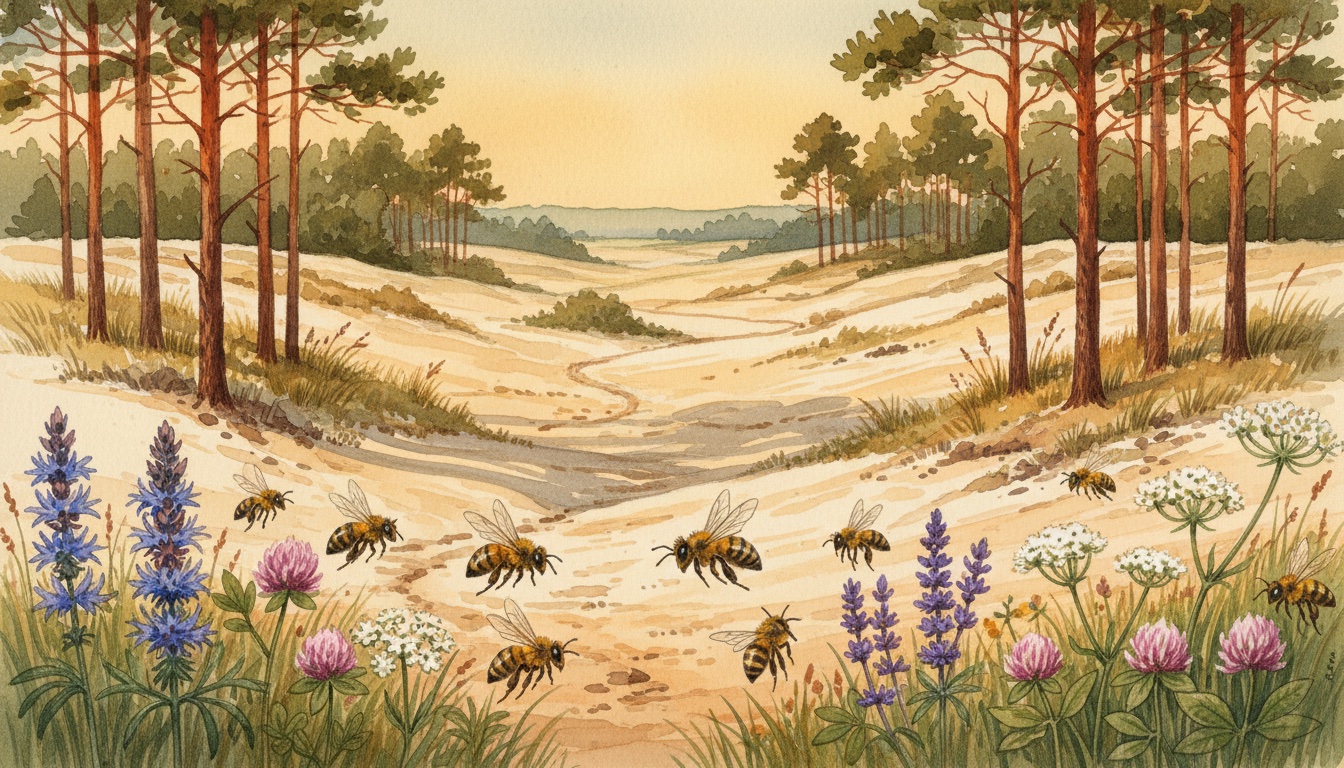 Bienen und Wildbienen in Forst (Lausitz) (Brandenburg) — Aquarell-Illustration der lokalen Habitate