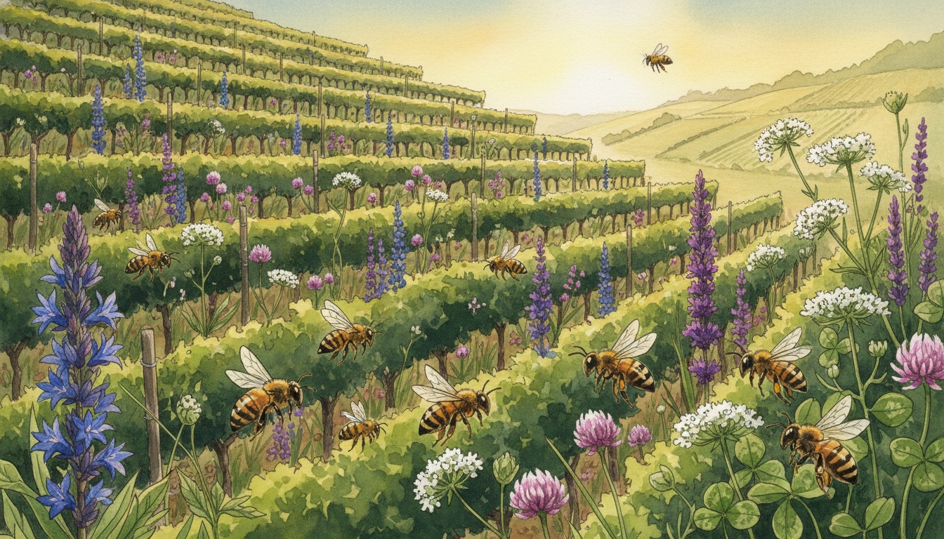 Bienen und Wildbienen in Frankenthal (Rheinland-Pfalz) — Aquarell-Illustration der lokalen Habitate