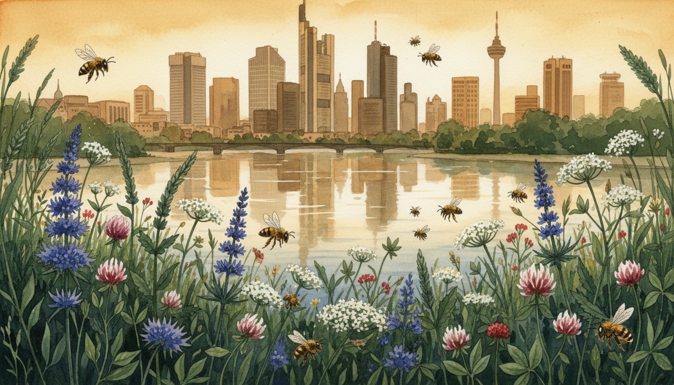 Bienen und Wildbienen in Frankfurt am Main (Hessen) — Aquarell-Illustration der lokalen Habitate