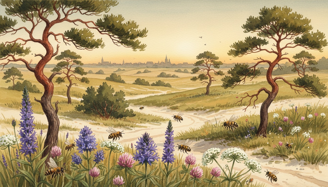 Bienen und Wildbienen in Frankfurt (Oder) (Brandenburg) — Aquarell-Illustration der lokalen Habitate