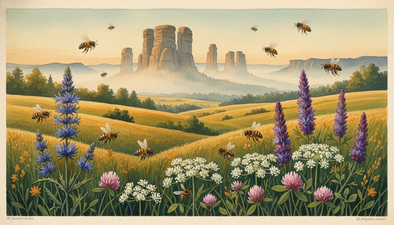Bienen und Wildbienen in Freiberg (Sachsen) — Aquarell-Illustration der lokalen Habitate