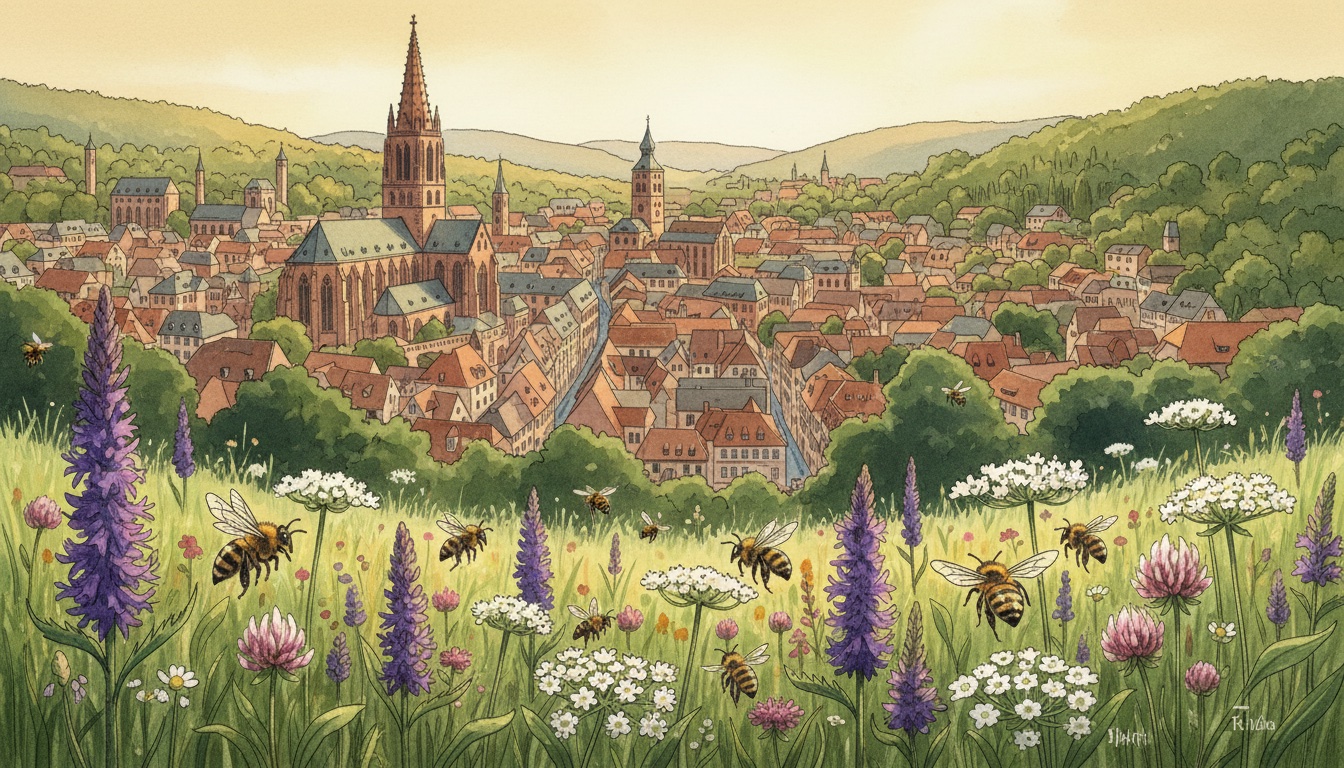 Bienen und Wildbienen in Freiburg im Breisgau (Baden-Württemberg) — Aquarell-Illustration der lokalen Habitate