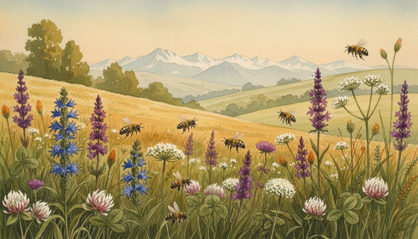 Bienen und Wildbienen in Freising (Bayern) — Aquarell-Illustration der lokalen Habitate