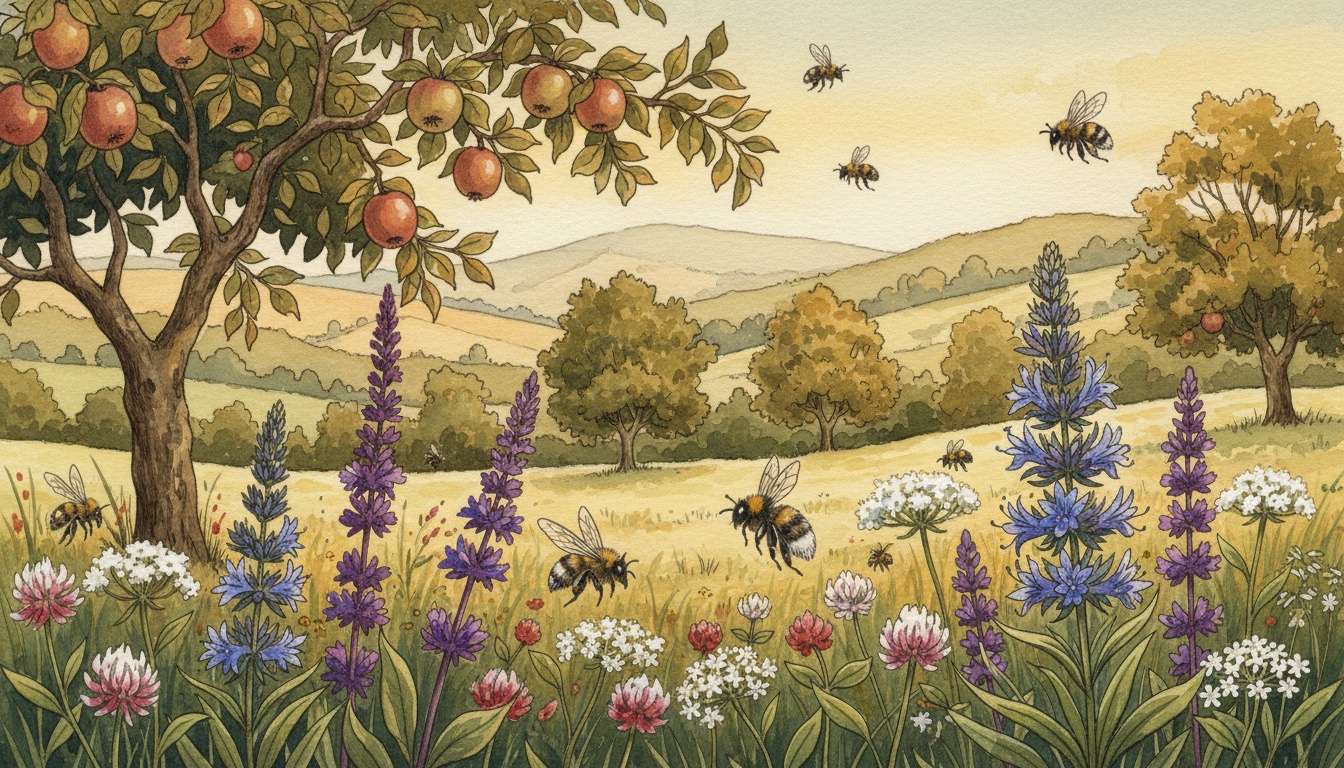 Bienen und Wildbienen in Freudenstadt (Baden-Württemberg) — Aquarell-Illustration der lokalen Habitate