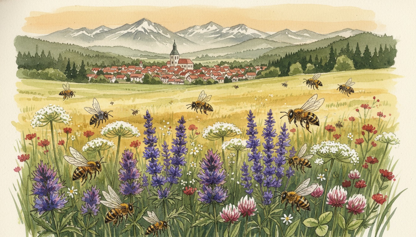 Bienen und Wildbienen in Freyung (Bayern) — Aquarell-Illustration der lokalen Habitate