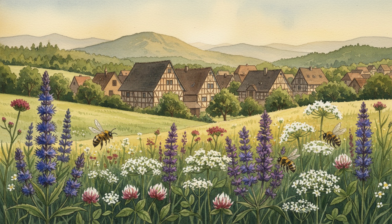 Bienen und Wildbienen in Friedberg (Hessen) — Aquarell-Illustration der lokalen Habitate