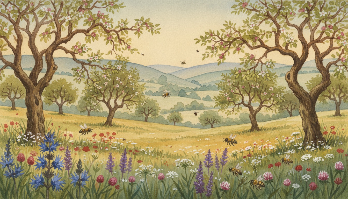 Bienen und Wildbienen in Friedrichshafen (Baden-Württemberg) — Aquarell-Illustration der lokalen Habitate