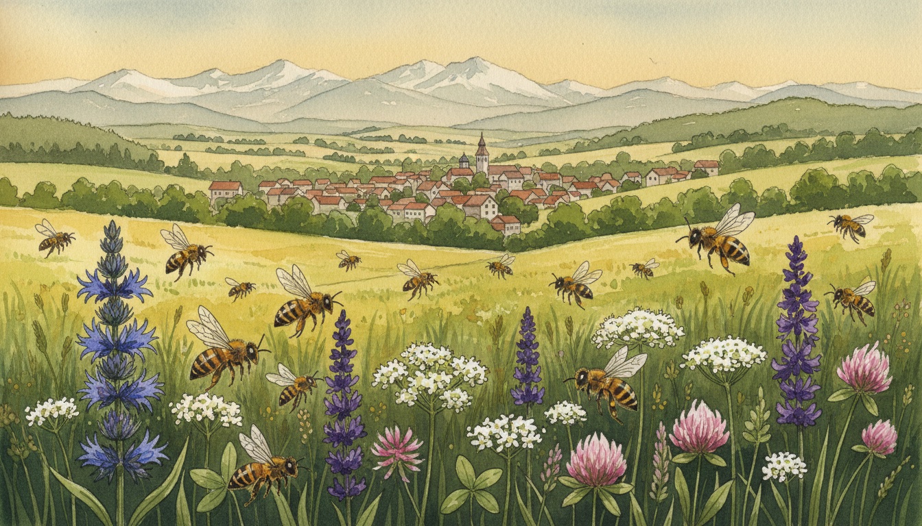 Bienen und Wildbienen in Fürstenfeldbruck (Bayern) — Aquarell-Illustration der lokalen Habitate