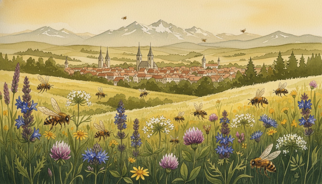 Bienen und Wildbienen in Fürth (Bayern) — Aquarell-Illustration der lokalen Habitate