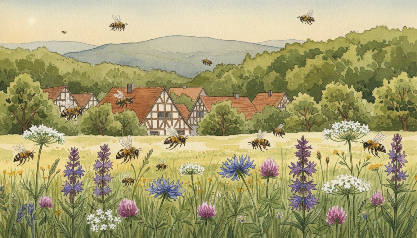 Bienen und Wildbienen in Fulda (Hessen) — Aquarell-Illustration der lokalen Habitate