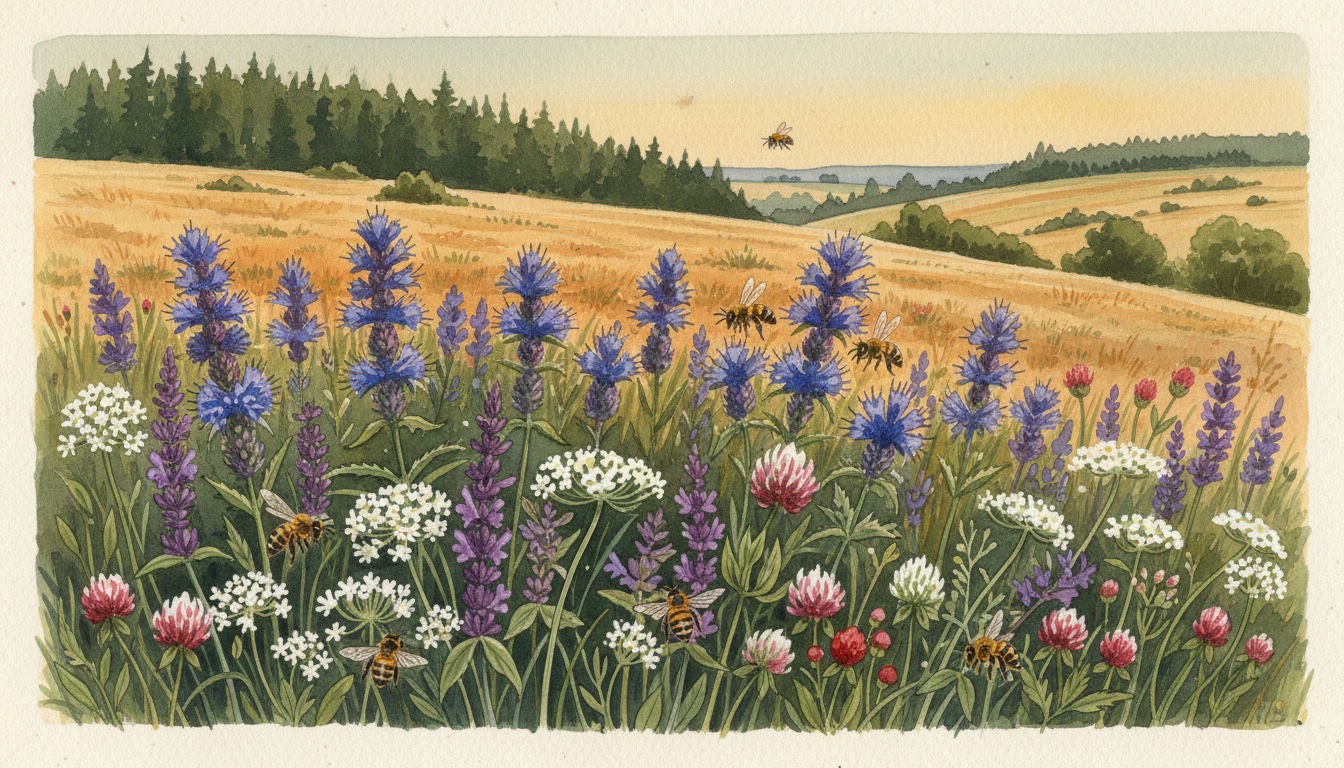Bienen und Wildbienen in Gardelegen (Sachsen-Anhalt) — Aquarell-Illustration der lokalen Habitate