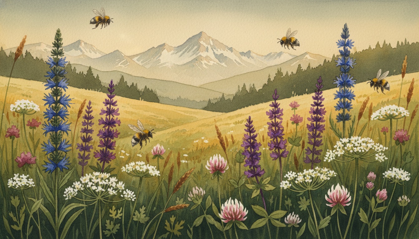 Bienen und Wildbienen in Garmisch-Partenkirchen (Bayern) — Aquarell-Illustration der lokalen Habitate
