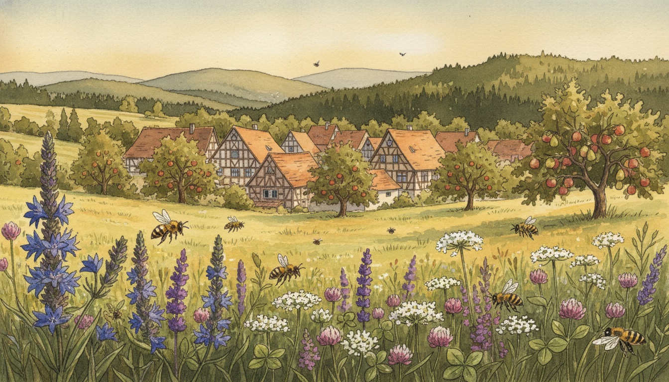 Bienen und Wildbienen in Gelnhausen (Hessen) — Aquarell-Illustration der lokalen Habitate