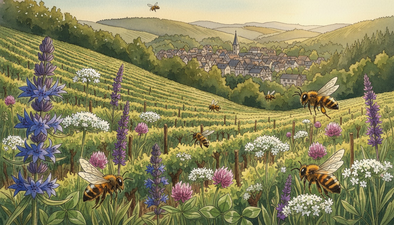 Bienen und Wildbienen in Germersheim (Rheinland-Pfalz) — Aquarell-Illustration der lokalen Habitate