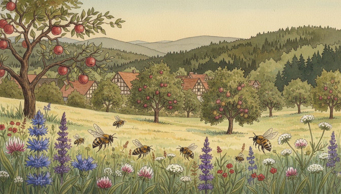 Bienen und Wildbienen in Gießen (Hessen) — Aquarell-Illustration der lokalen Habitate