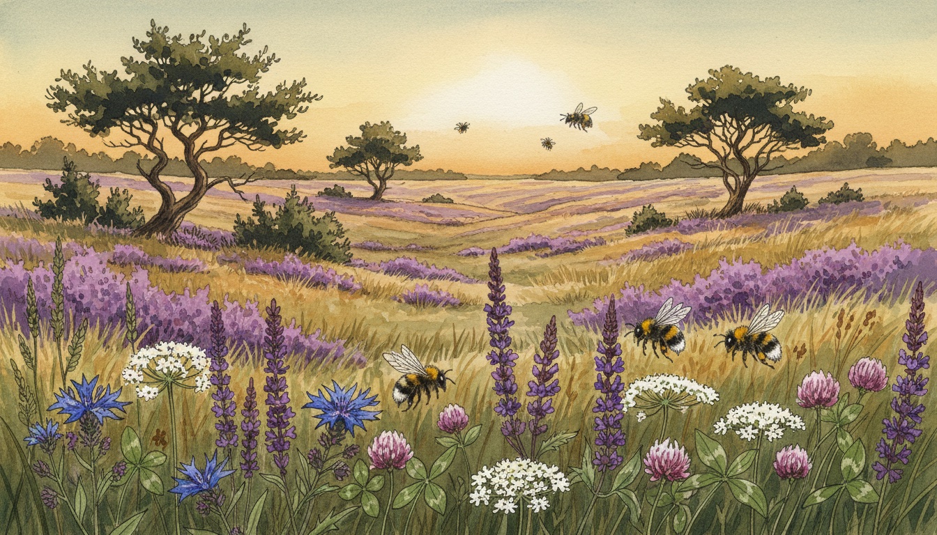 Bienen und Wildbienen in Gifhorn (Niedersachsen) — Aquarell-Illustration der lokalen Habitate
