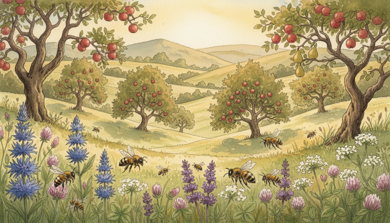 Bienen und Wildbienen in Göppingen (Baden-Württemberg) — Aquarell-Illustration der lokalen Habitate