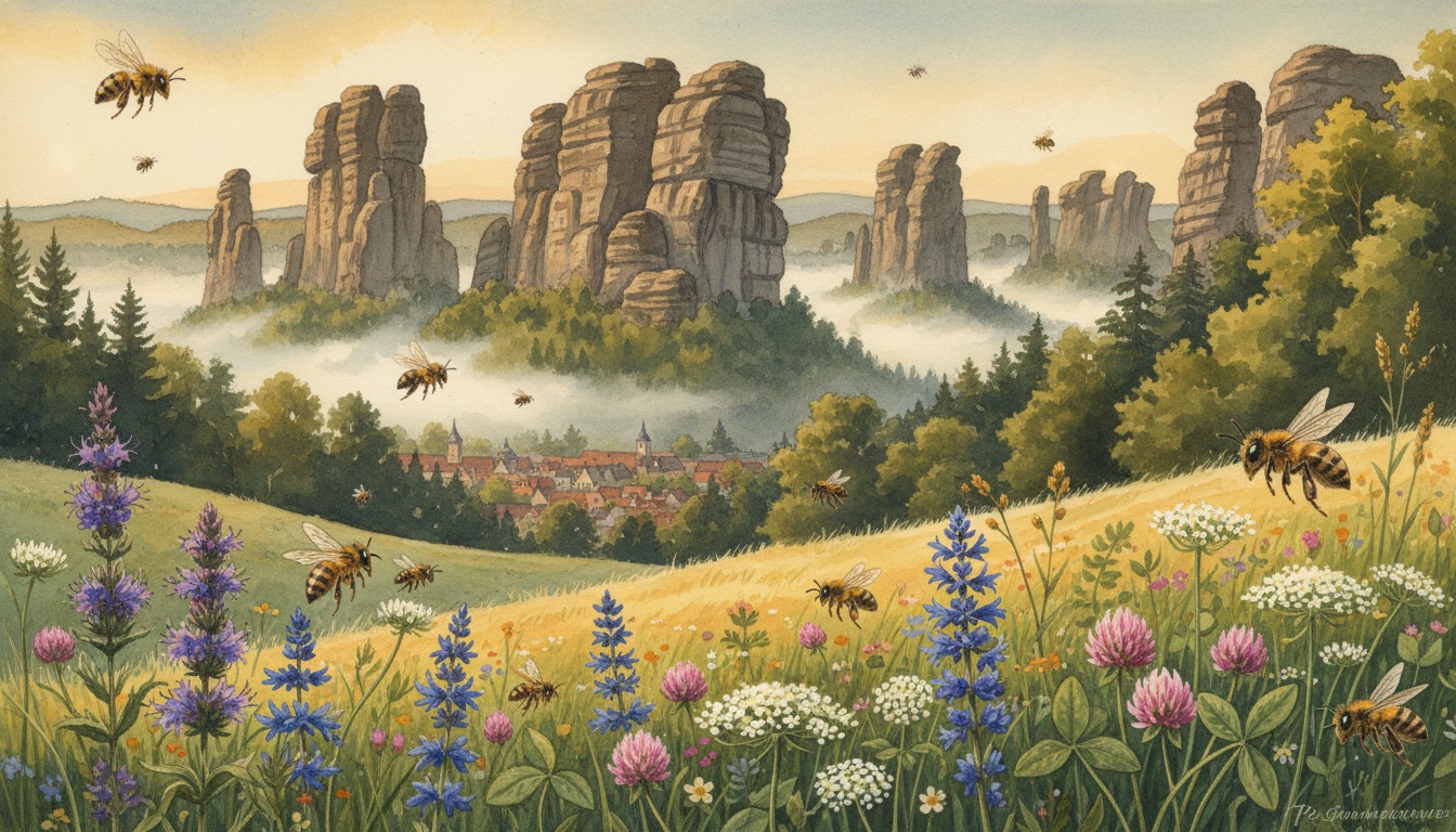 Bienen und Wildbienen in Görlitz (Sachsen) — Aquarell-Illustration der lokalen Habitate