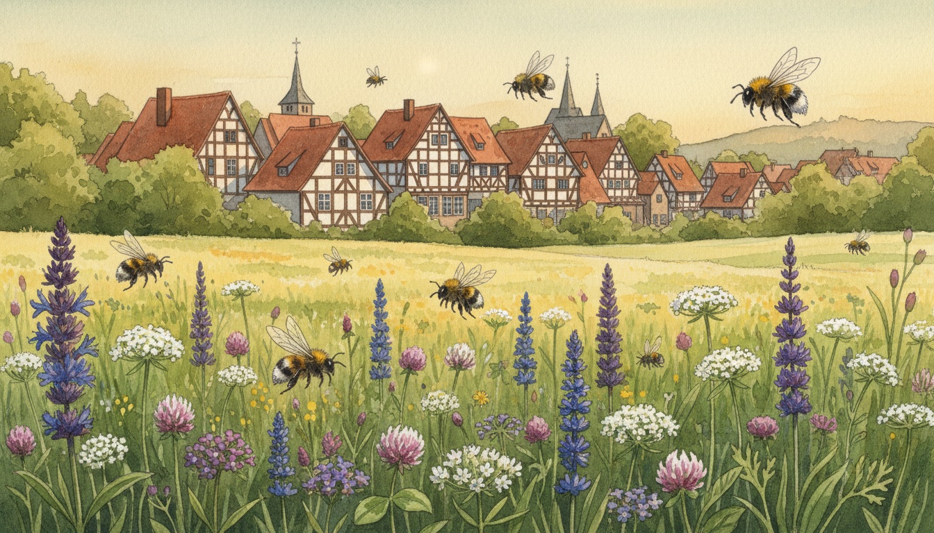 Bienen und Wildbienen in Göttingen (Niedersachsen) — Aquarell-Illustration der lokalen Habitate