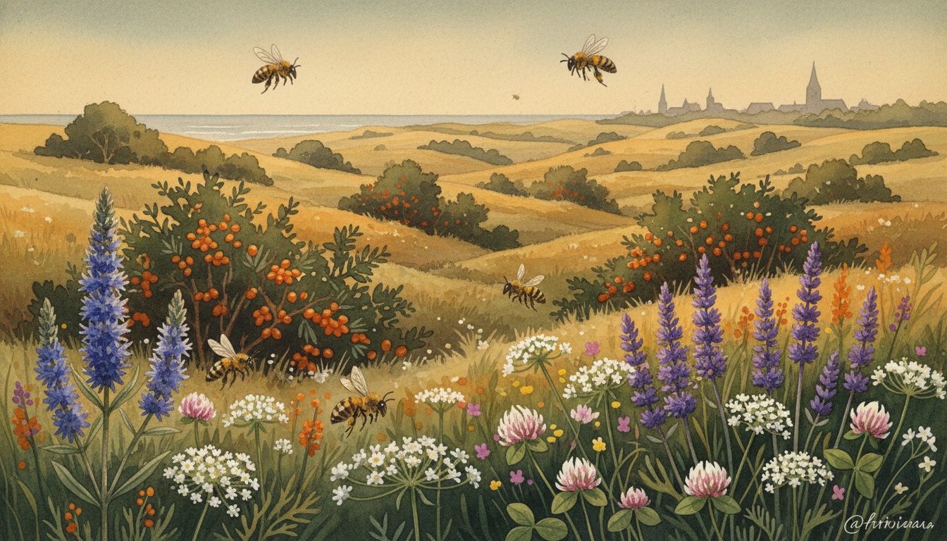 Bienen und Wildbienen in Greifswald (Mecklenburg-Vorpommern) — Aquarell-Illustration der lokalen Habitate