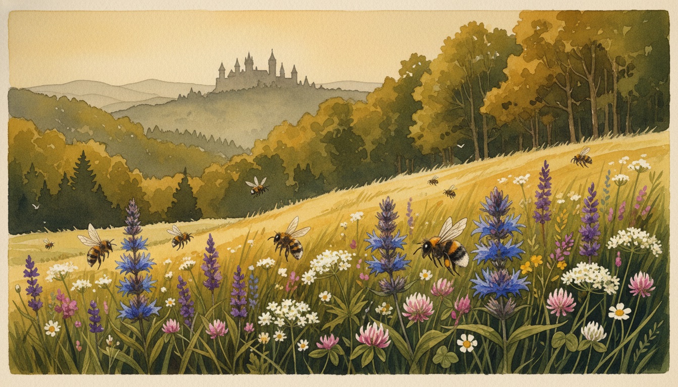 Bienen und Wildbienen in Greiz (Thüringen) — Aquarell-Illustration der lokalen Habitate