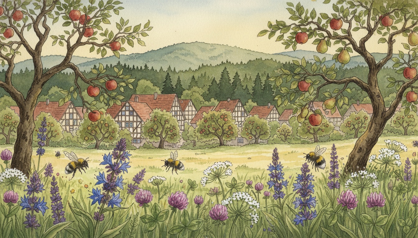 Bienen und Wildbienen in Groß-Gerau (Hessen) — Aquarell-Illustration der lokalen Habitate